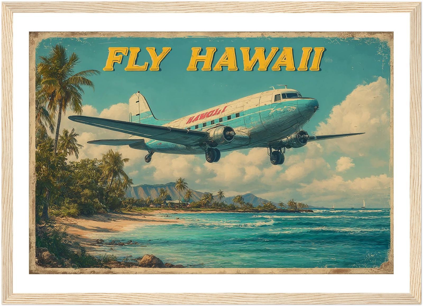 ハワイアンアート A4｜FLY HAWAII 飛行機と南国ビーチのヴィンテージ風