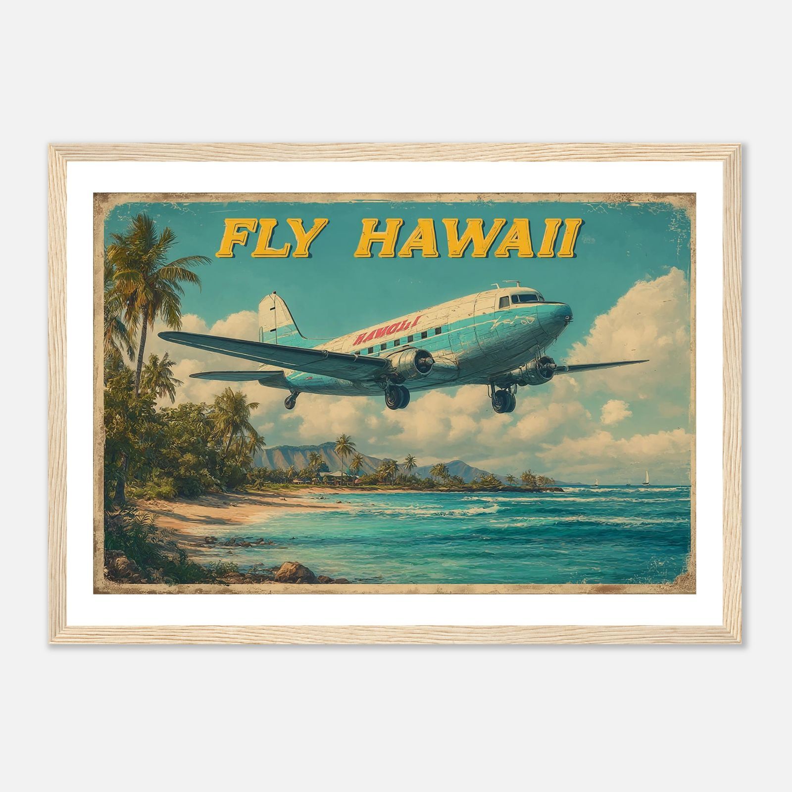 ハワイアンアート A4｜FLY HAWAII 飛行機と南国ビーチのヴィンテージ風