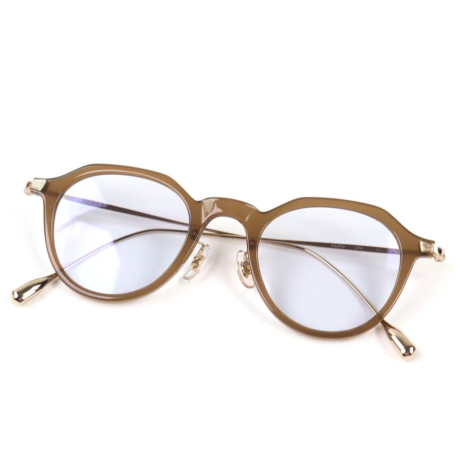 △EYEVAN アイヴァン Alpha SPA アルファ ー メガネ 眼鏡 アイウェア クリアブラウン ゴールド系金具 45□22 145 保存袋 ケース付き 日本製 メンズ