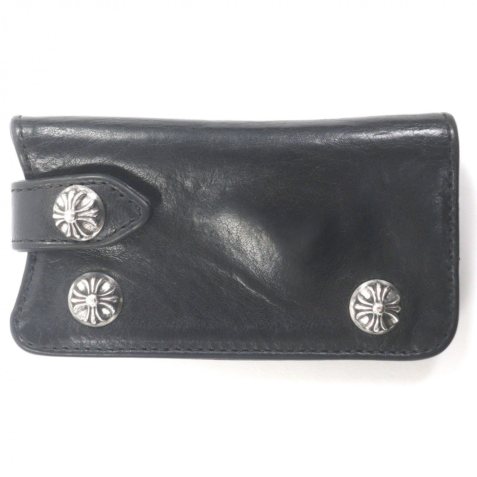 □CHROME HEARTS クロムハーツ レザー クロスボールボタン 二つ折り キーケース 鍵入れ 小物入れ ブラック シルバー メンズオススメ