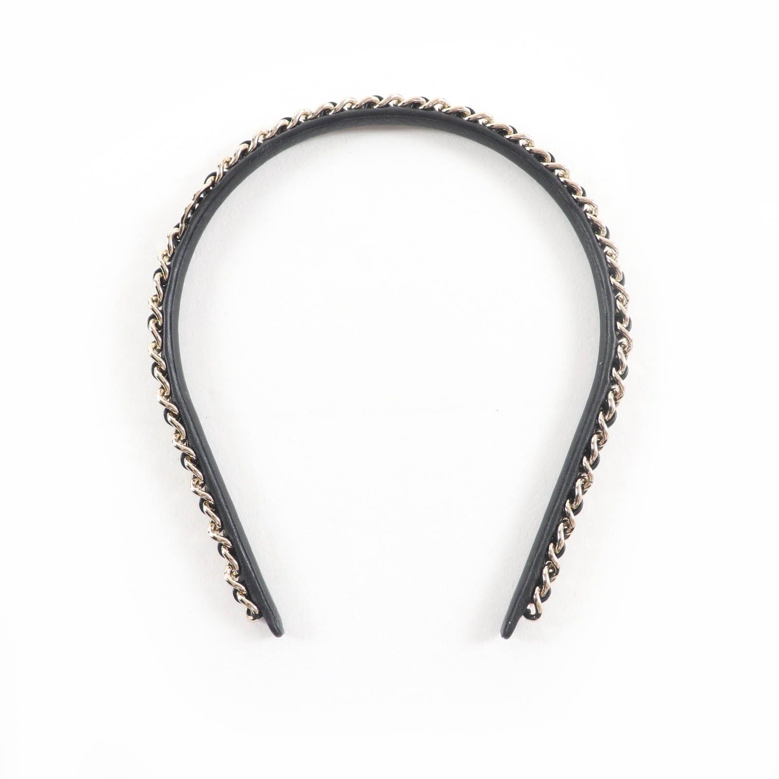 CHANEL シャネル B 22 S ココマーク金具付 チェーン装飾 レザー カチューシャ ヘアアクセサリー ブラック ゴールド イタリア製 レディース