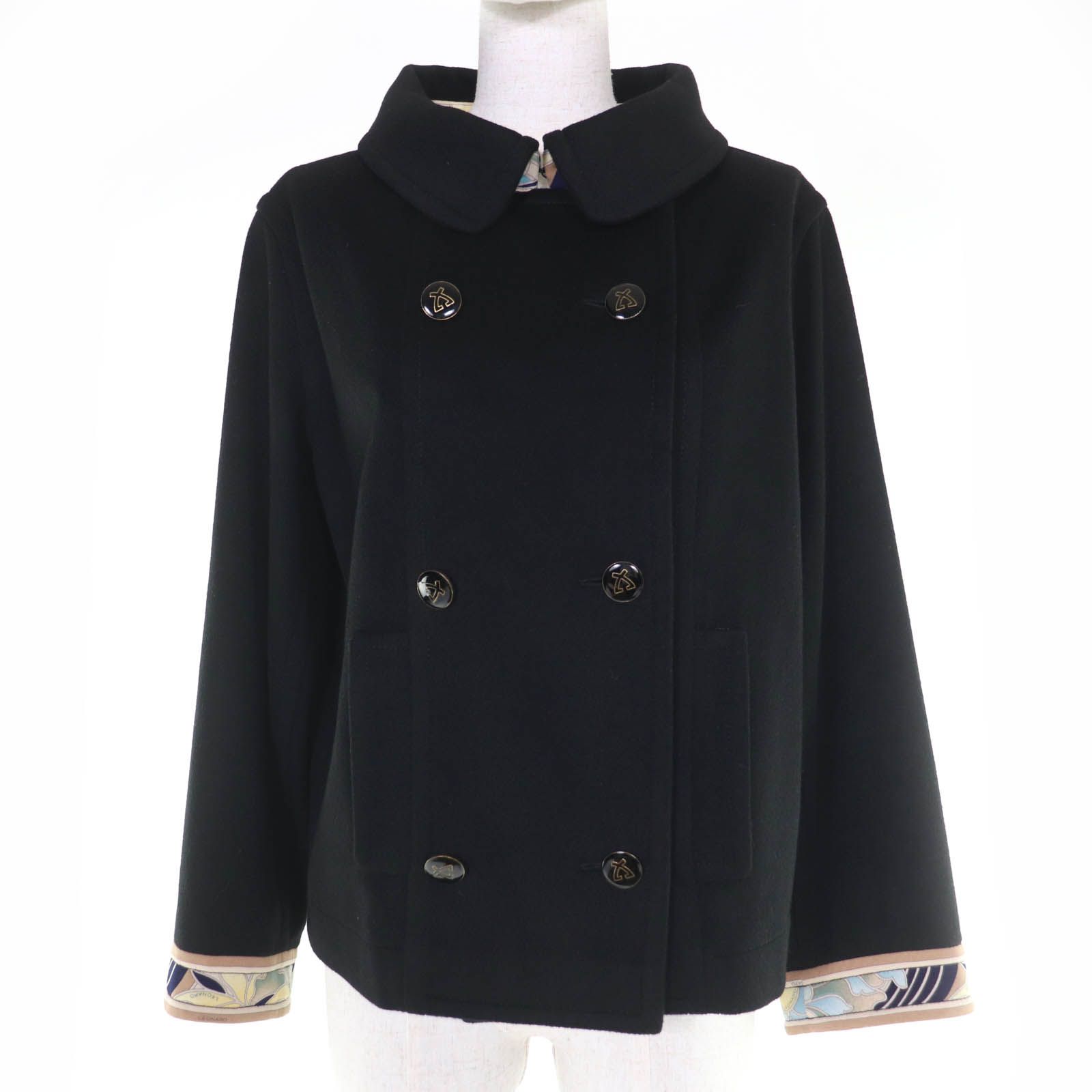 LEONARD レオナール カシミヤ100％ シルク使い ロゴボタン ショート丈 コート ブラック 38 イタリア製 レディース