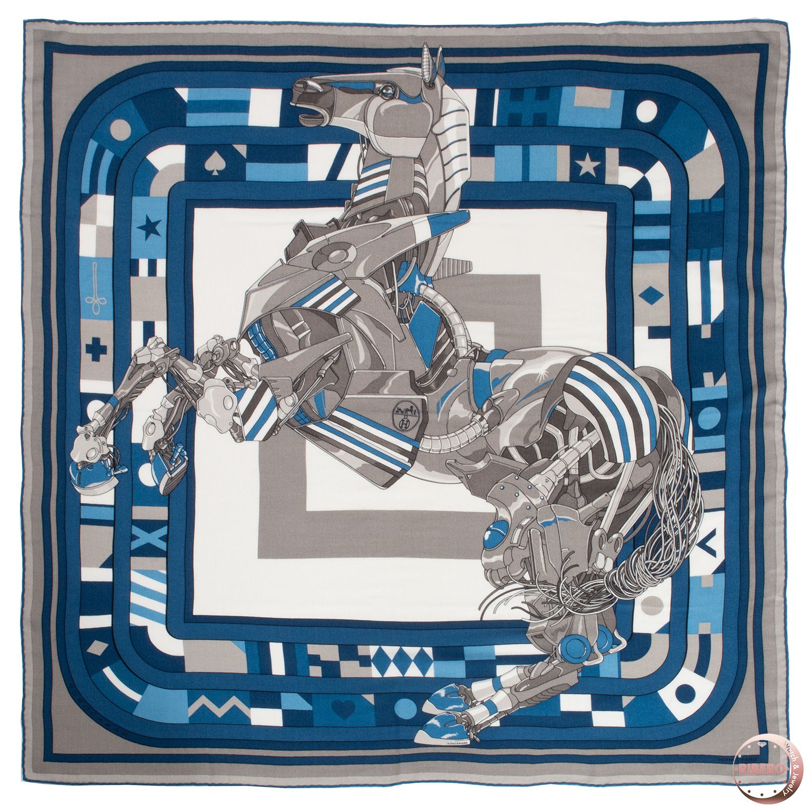 HERMES エルメス カレ100 Robocabar ロボカバール 103982 T 06 スカーフ カシミヤ シルク ブルー グレー