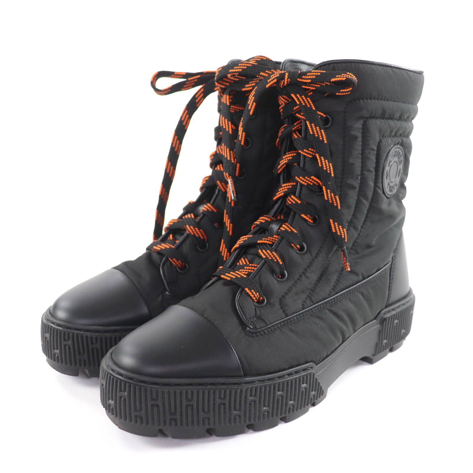 極美品△HERMES エルメス FRESH フレッシュ パラシュートファブリック クルードセルパッチ レザー使 レースアップ ショートブーツ 黒 37 極美品☆HERMES エルメス FRESH フレッシュ パラシュートファブリック