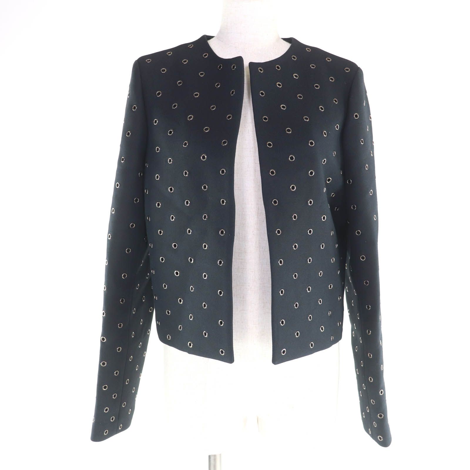 Christian Dior クリスチャンディオール ウール シルク混 ハトメデザイン フロントオープン ノーカラージャケット ブラック 44 イタリア製 レディース