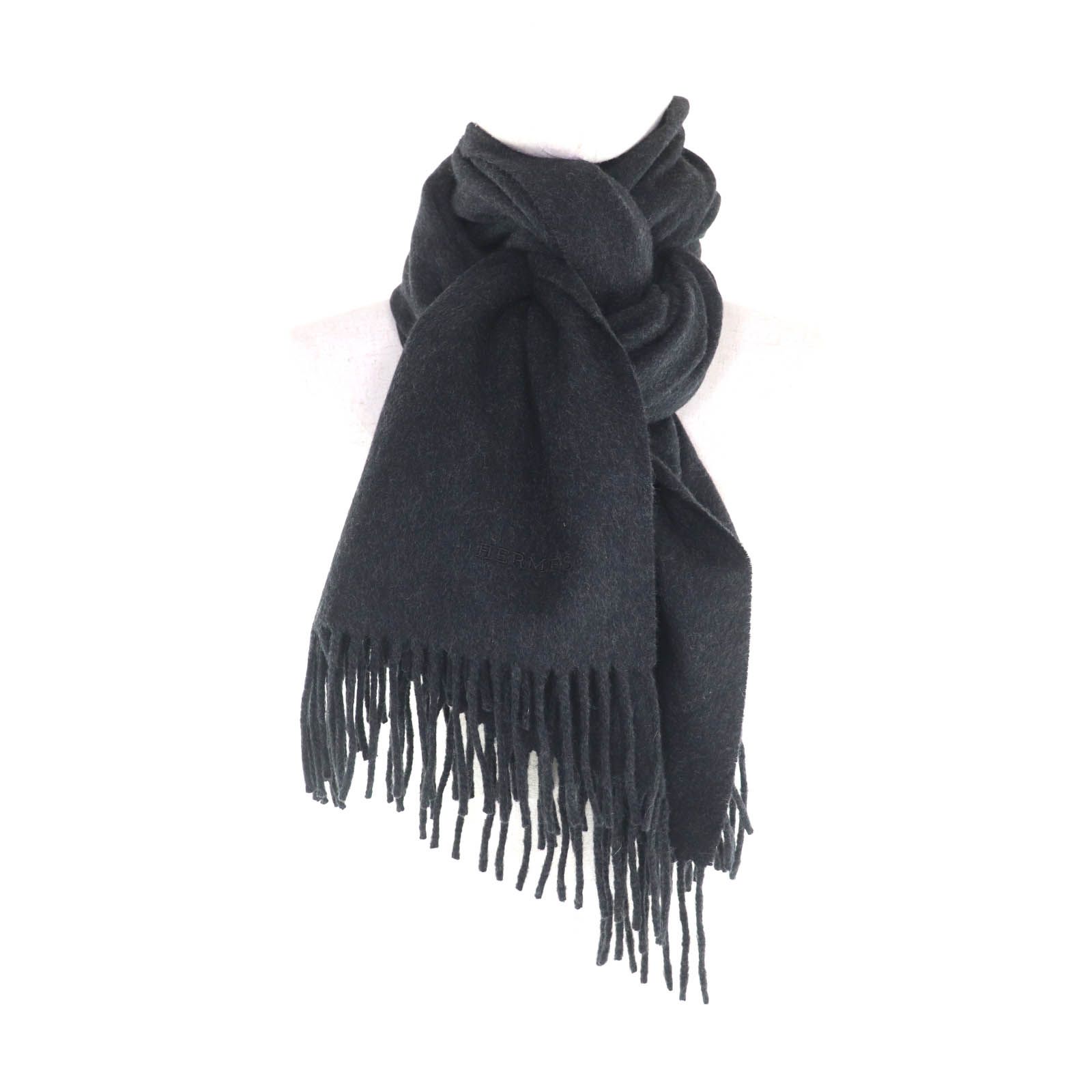 極美品☆HERMES エルメス カシミヤ100％ ロゴ刺繍入り フリンジ付 大判