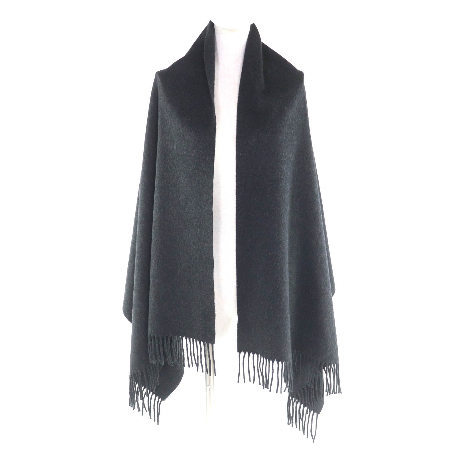 極美品☆HERMES エルメス カシミヤ100％ ロゴ刺繍入り フリンジ付 大判