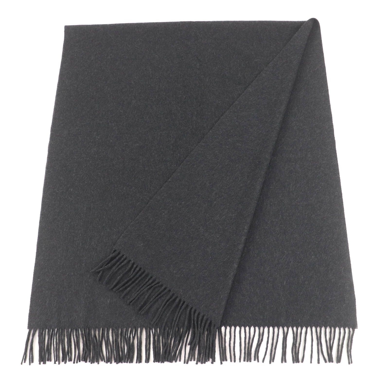 HERMES エルメス カシミヤ100％ ロゴ刺繍入り フリンジ付 大判 ショール マフラー ストール ブラック レディース