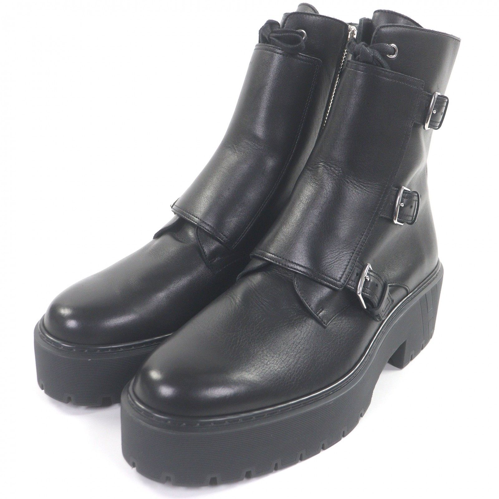 □HERMES エルメス Hoodie レザー Hロゴ入り 厚底 レースアップ アンクルブーツ バックルベルトブーツ ブラック 42 メンズ