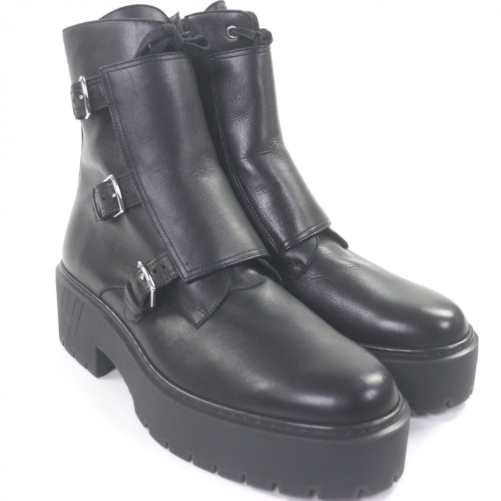 □HERMES エルメス Hoodie レザー Hロゴ入り 厚底 レースアップ アンクルブーツ バックルベルトブーツ ブラック 42 メンズ