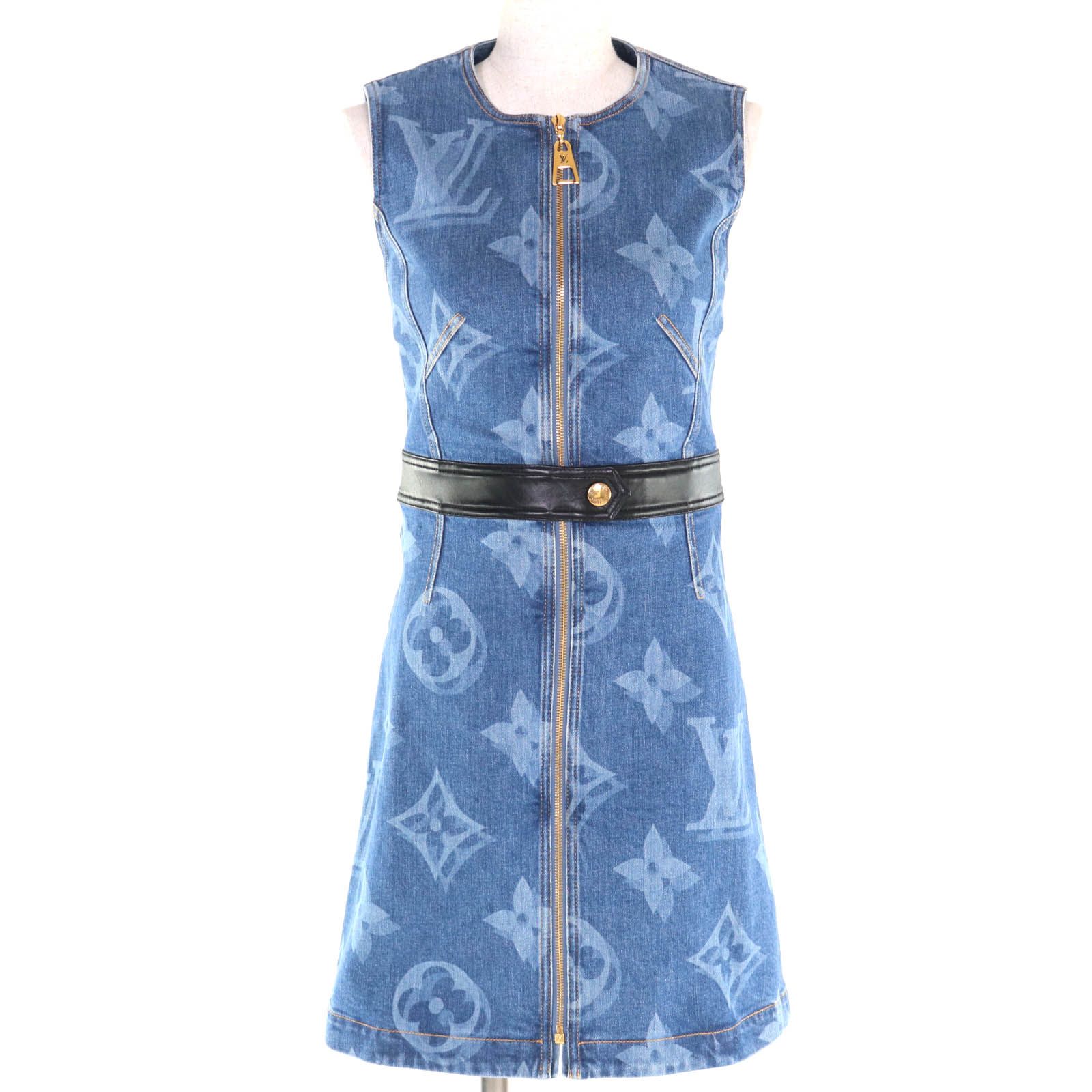 LOUIS VUITTON ルイヴィトン 21 SS FKDR 36 コットン ジャイアントモノグラム レザー使い ノースリーブ デニム ワンピース インディゴブルー 34 ガーメント付き イタリア製 レディース
