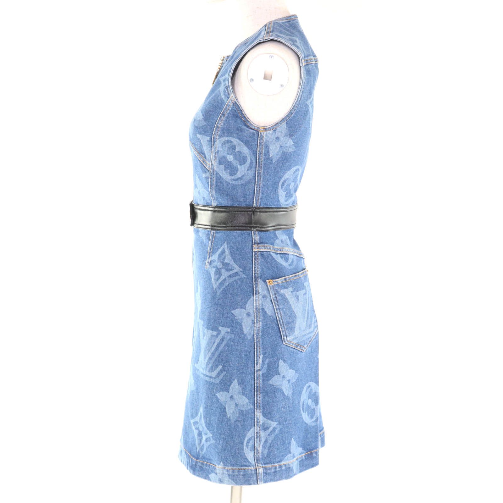 LOUIS VUITTON ルイヴィトン 21 SS FKDR 36 コットン ジャイアントモノグラム レザー使い ノースリーブ デニム ワンピース インディゴブルー 34 ガーメント付き イタリア製 レディース