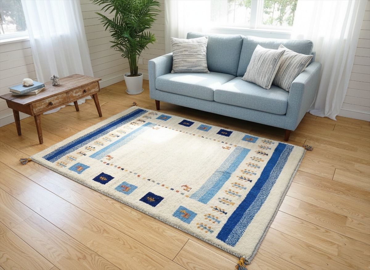 ペルシャ ギャッベ ソファー前 ハーフラグ 145 x 100㎝ ベージュ 青色 水色 RJ 4176