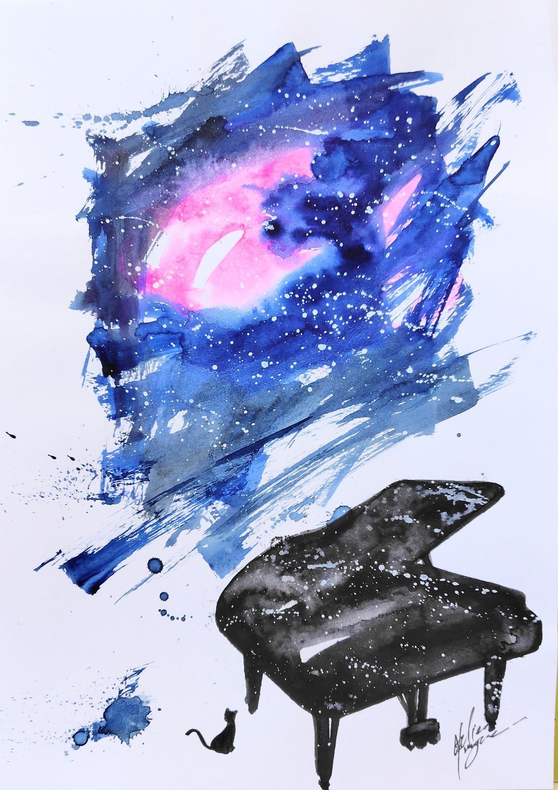 原画#207 黒猫 ピアノ 星空 水彩画 ドローイング インテリア アート