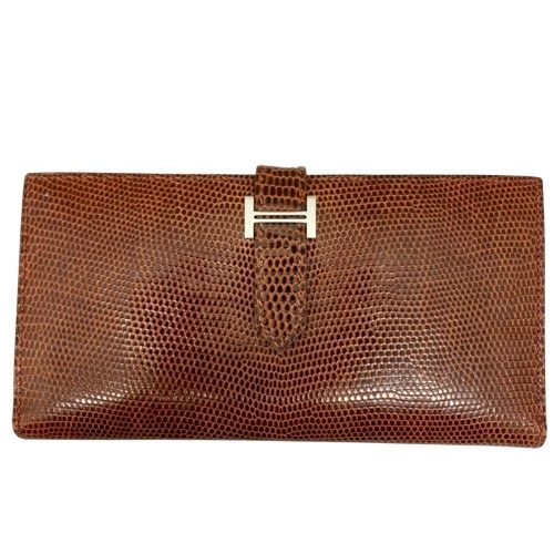Hermes エルメス ベアン スフレ 2つ折り財布 長財布 リザード ルージュアッシュ