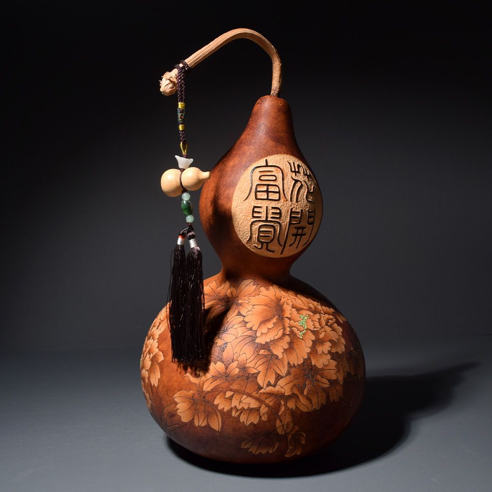 中国美術品　骨董品　瓢箪　ひょうたん 蝶々　台座付き 台湾 杉林葫蘆工藝行 何明賢 瓢箪 ひょうたん 烙画 置物 茶道具 時代