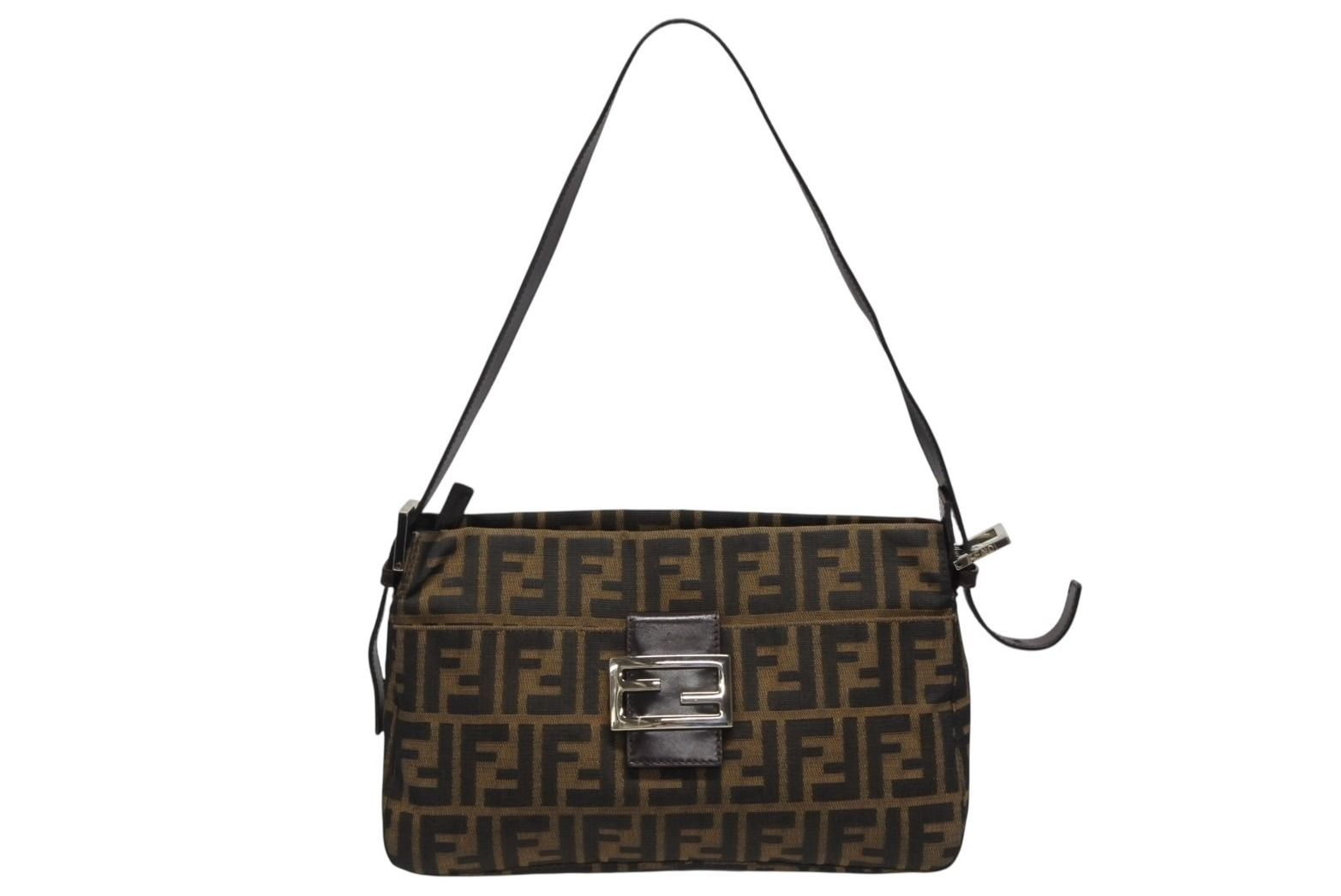 FENDI フェンディ マンマバケット ハンドバッグ 26566 ズッカ柄 ブラウン レザー ナイロンキャンバス シルバー金具 4 c 011260