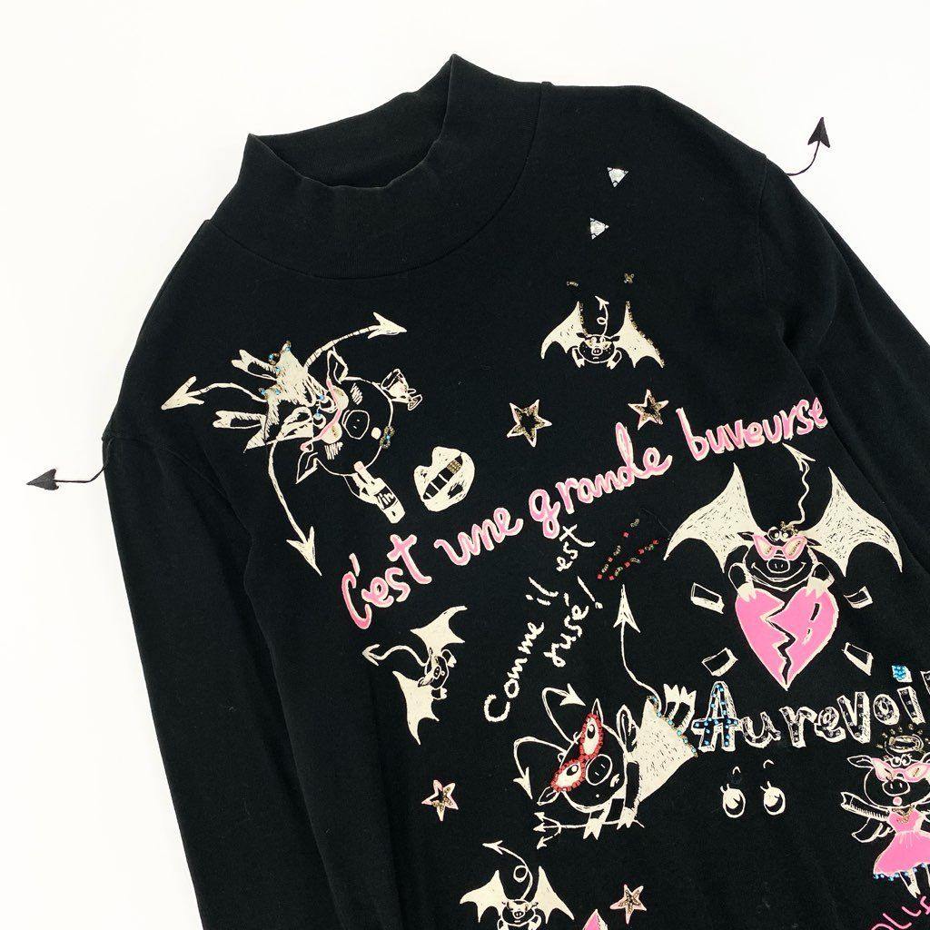 6a9 OLLEBOREBLA オレボレブラ チュニックカットソー ロングスリーブ モックネック ブタさん ビーズ装飾 レディース ブラックo07t 6a9 OLLEBOREBLA オレボレブラ チュニックカットソー ロングスリーブ