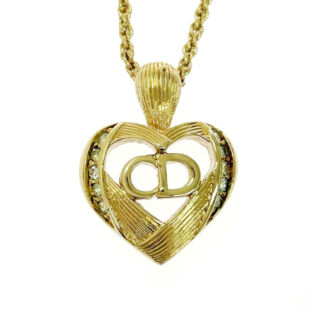 【美品】【クリスチャンディオール】ハート ストーン ネックレス イヤリング Christian Dior ディオール ラインストーン ハートネックレス ゴールド