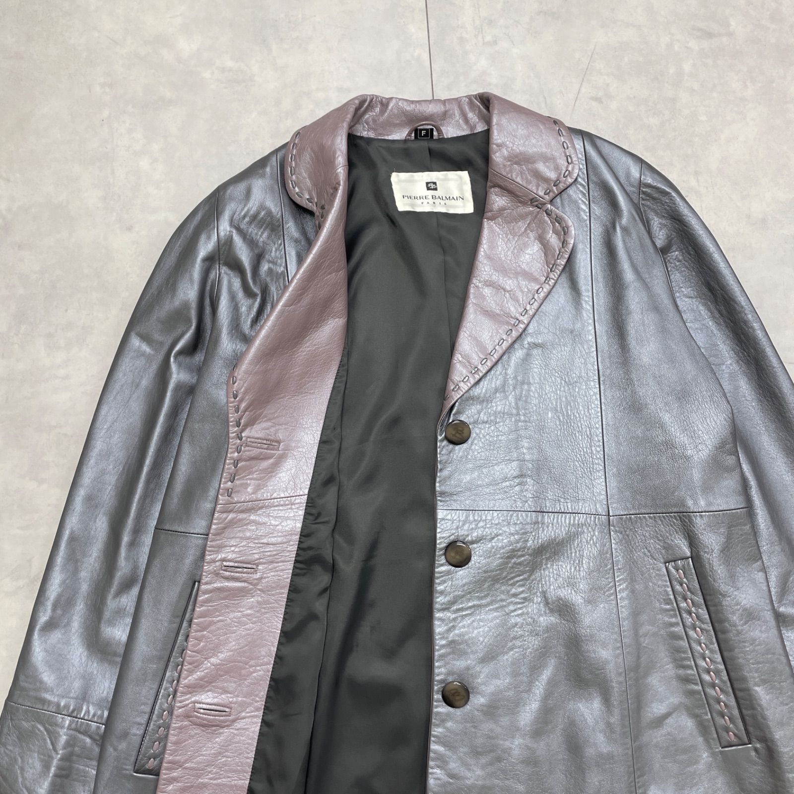PIERRE BALMAIN ピエールバルマン レザーコート ステッチ バイカラー