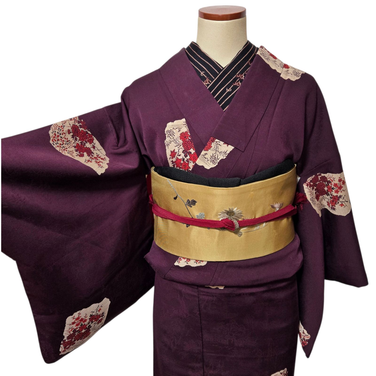 アンティークお召着物★アンティーク帯 菊 アンティーク お召 名古屋帯 刺繍 - メルカリ