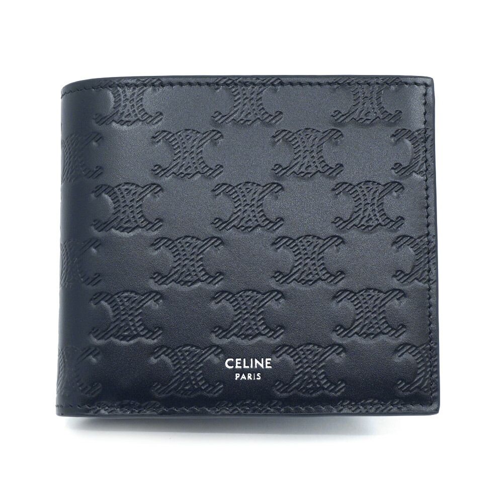 栄 セリーヌ バイフォールドウォレット トリオンフ 二つ折り財布 レザー ブラック シルバー金具 箱♥