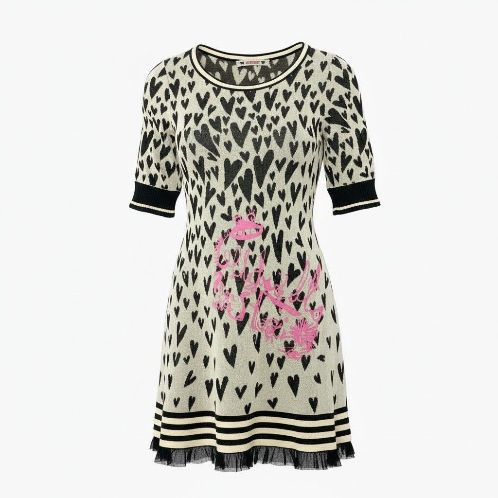 7 a 9 オレボレブラ アルベロベロ ニットワンピース 総柄 ハート柄 七分袖 レディース ブラック ホワイトo 07 t