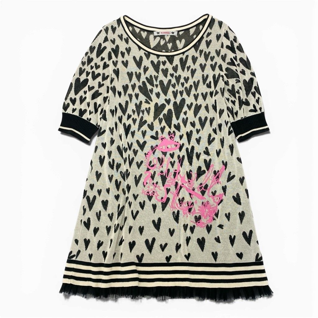 7 a 9 オレボレブラ アルベロベロ ニットワンピース 総柄 ハート柄 七分袖 レディース ブラック ホワイトo 07 t