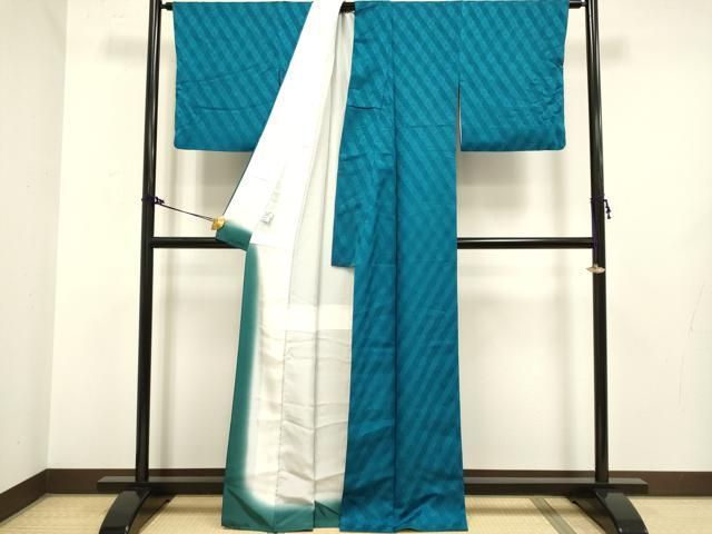 平和屋着物○極上 BANKANわものや 色無地 花菱地紋 濃い花浅葱色 反端