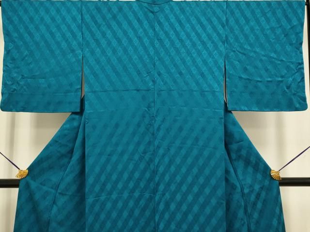 平和屋着物○極上 BANKANわものや 色無地 花菱地紋 濃い花浅葱色 反端