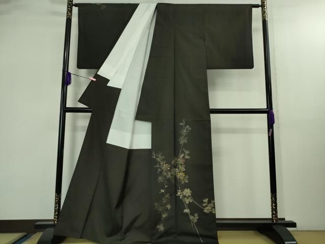 平和屋着物● 上 本場染大島紬 訪問着 手描き 枝花文 黒地 kh 6