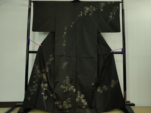 平和屋着物● 上 本場染大島紬 訪問着 手描き 枝花文 黒地 kh 6