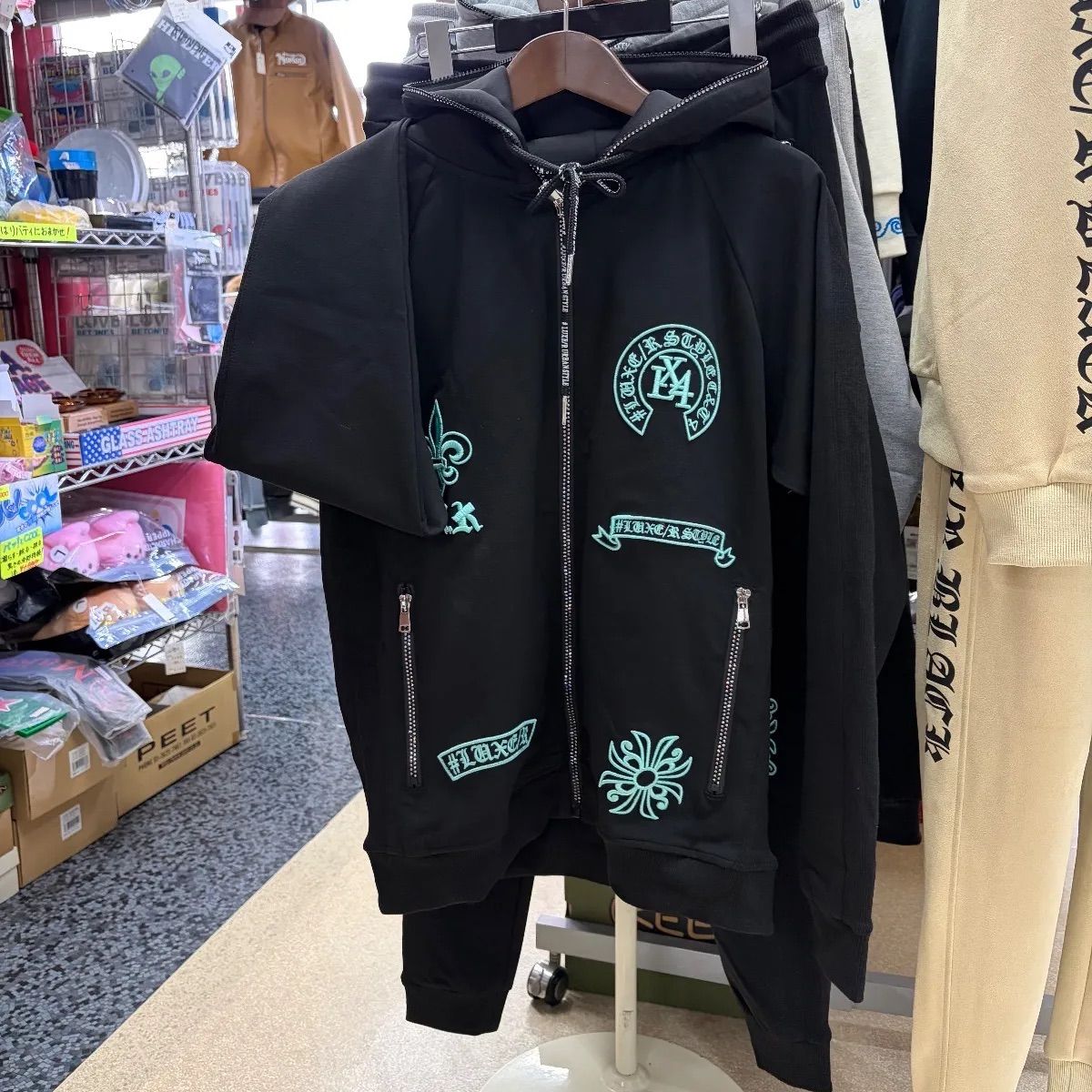 残り2点 セットアップ 商品 LUXE R ラグジュ⚫︎長袖 フード ラインストーン フルジップ パーカー M L XL ブラック