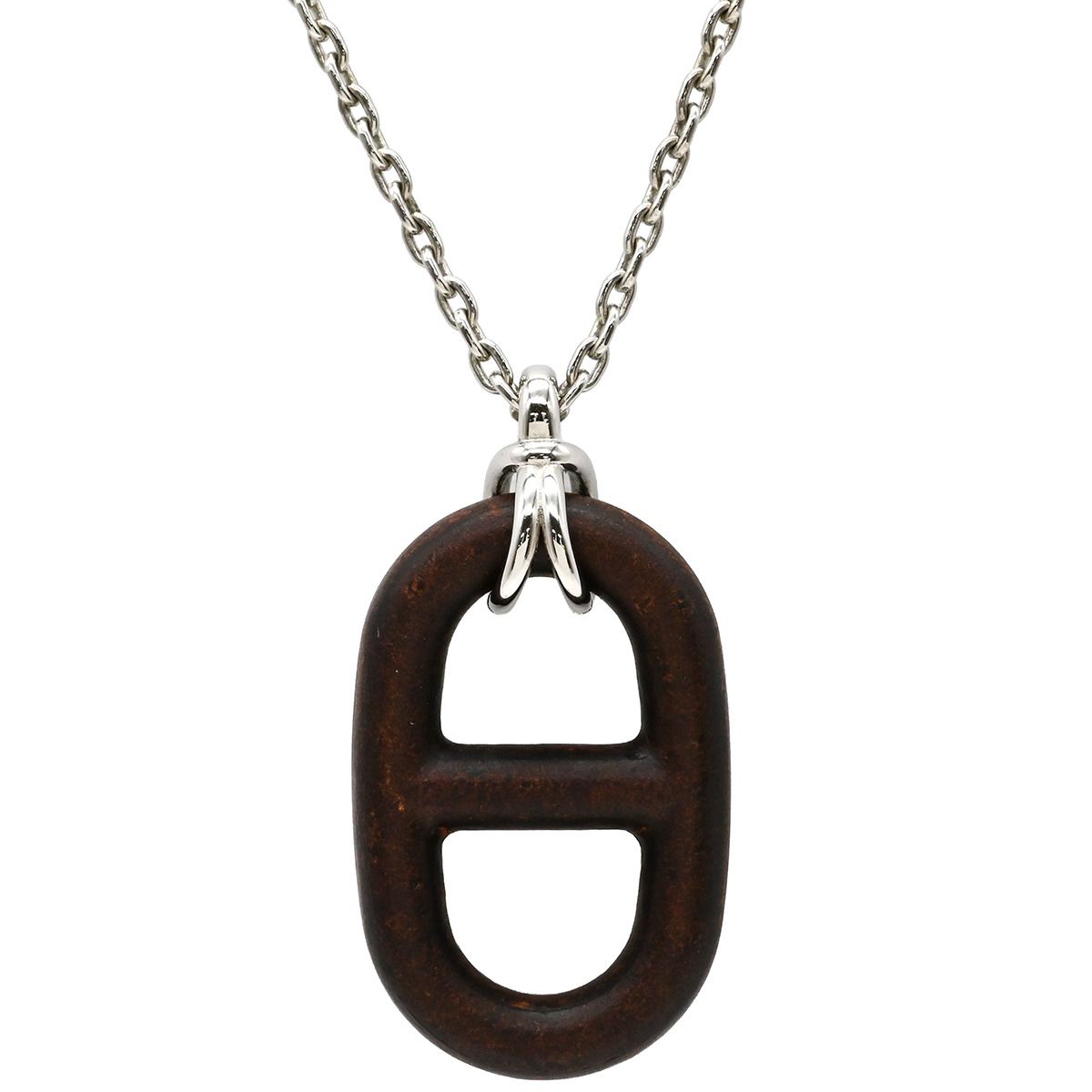 エルメス HERMES ネックレス シェーヌダンクル ヴュルカニウム メタル ブラウンXシルバー シルバー金具 ラージモチーフ ペンダント ユニセックス レザー素材