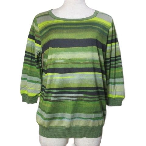 マックスマーラ ウィークエンドライン MAX MARA WEEKEND LINE ニットプルオーバー 転写 カットソー 7分袖 シルク コットン ボーダー L グリーン系 /X