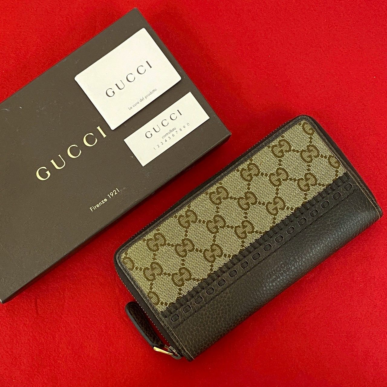 未使用保管品 保存箱付 GUCCI グッチ GG ロゴ 柄 キャンバス レザー 