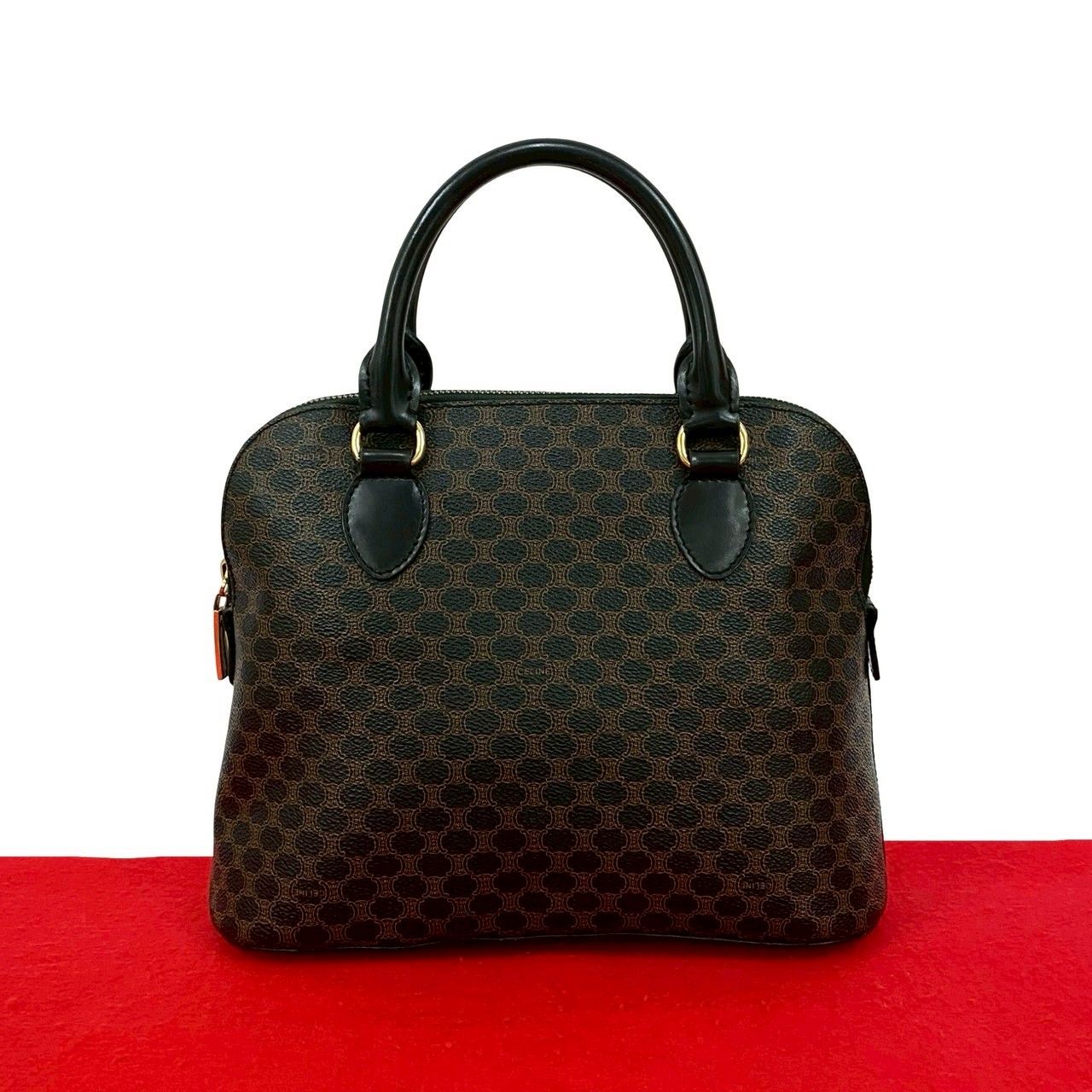 CELINE セリーヌ ヴィンテージ マカダム ブラゾン ロゴ 柄 レザー 本革 ハンドバッグ ミニ ボストンバッグ ブラック 52457