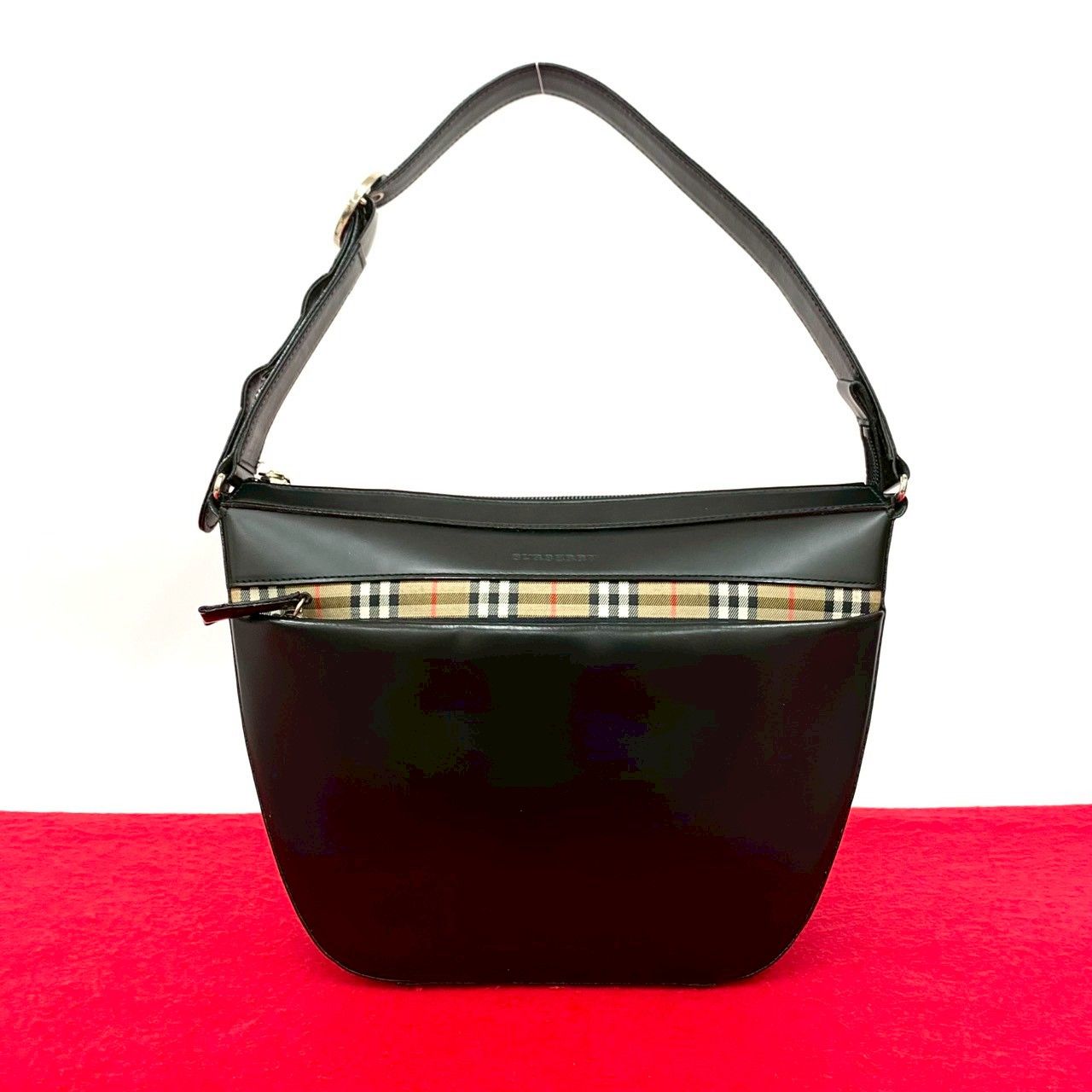 ♥保管品 バーバリー ノバチェック カーフ レザー 本革 ワン セミ ショルダーバッグ トートバッグ ブラック 黒 74633