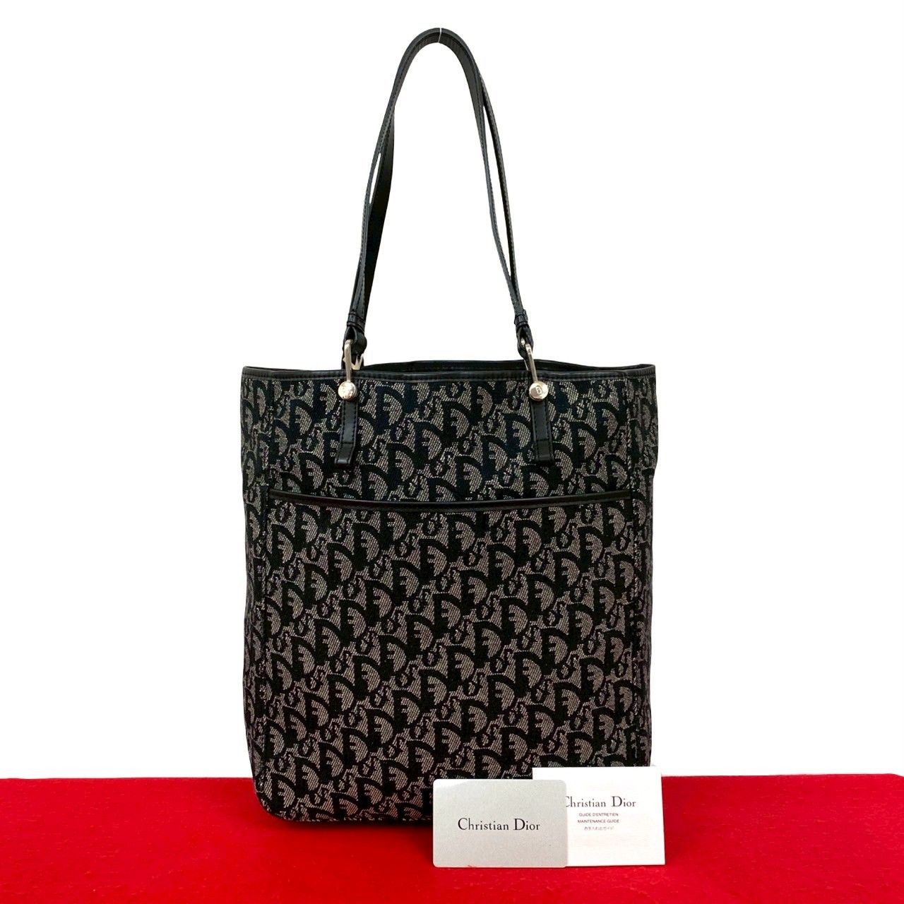 品 Christian Dior ディオール トロッター ロゴ 柄 キャンバス レザー 本革 トートバッグ ハンドバッグ ブラック 黒 08375