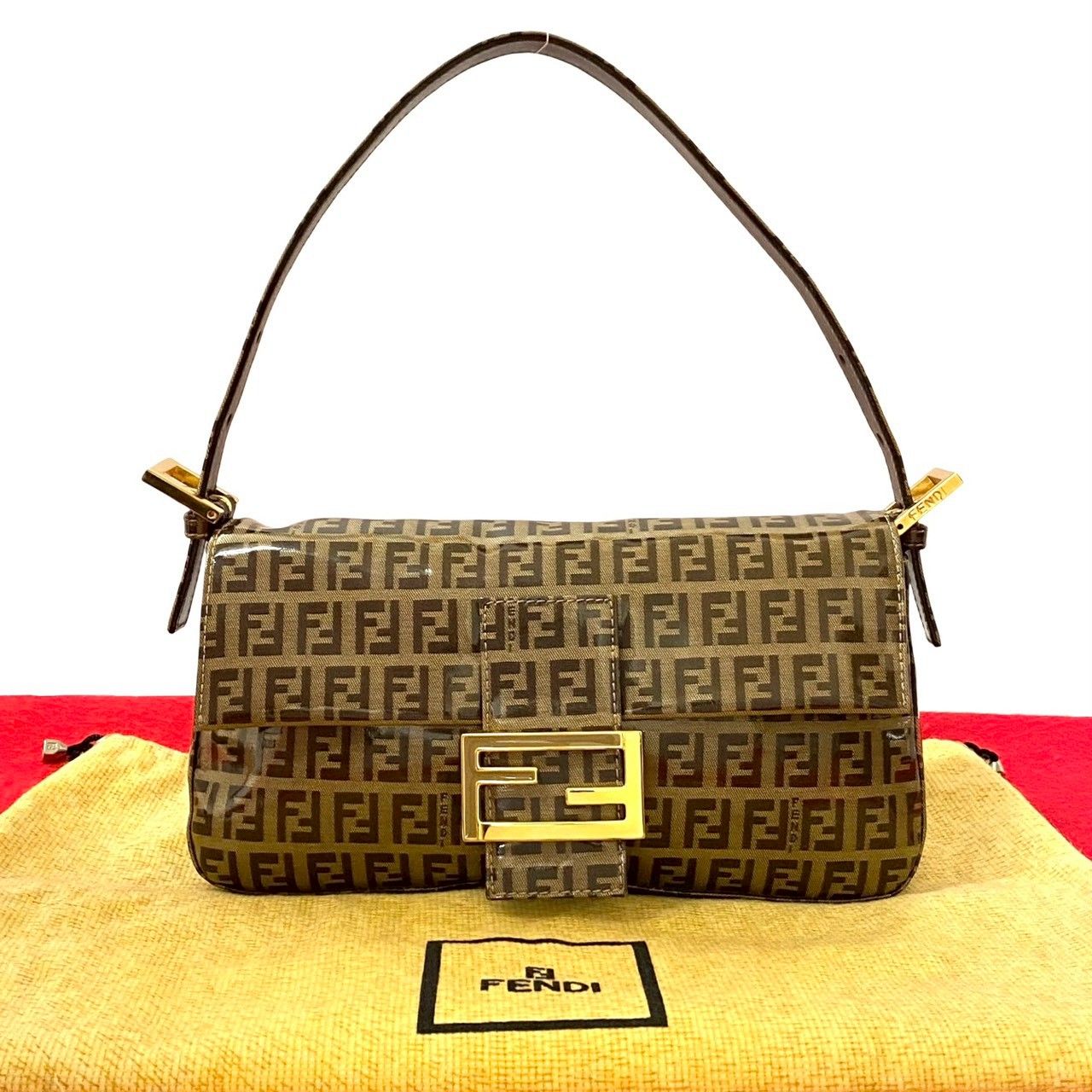 袋付 FENDI フェンディ マンマバケット ズッキーノ FF ロゴ 柄 パテントレザー ハンドバッグ ショルダーバッグ ブラウン 40441