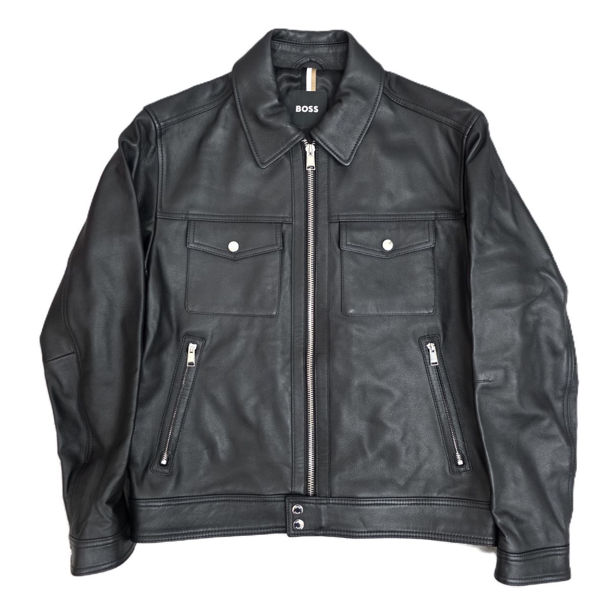 BOSS ボス ポケット付き ジップアップ レザージャケット ラムレザー ライダースジャケット メンズ 48 レザー