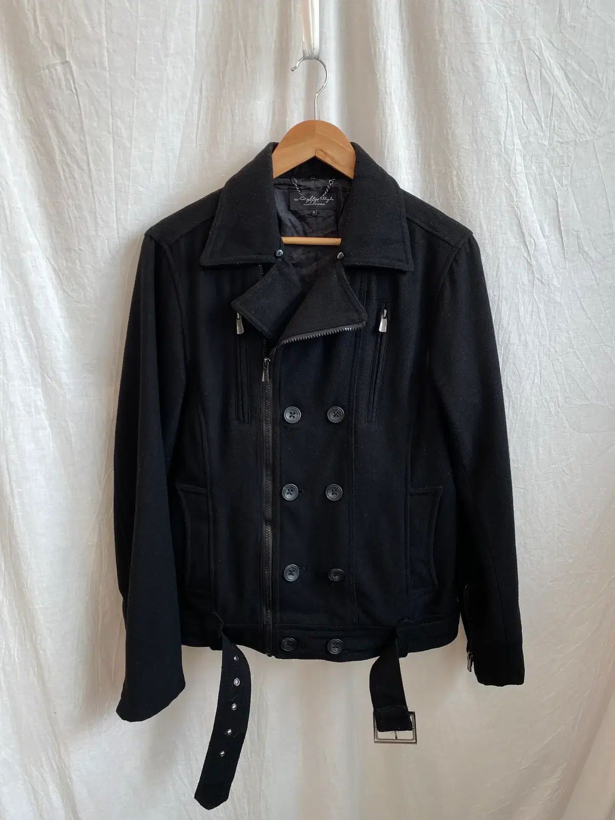 ブラック ウール混 ピーコート M-L