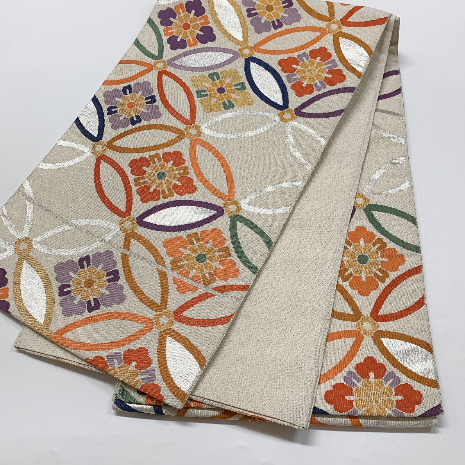 6565］袋帯 花菱七宝文様 シルバー 六通 正絹 着物 フォーマル - メルカリ