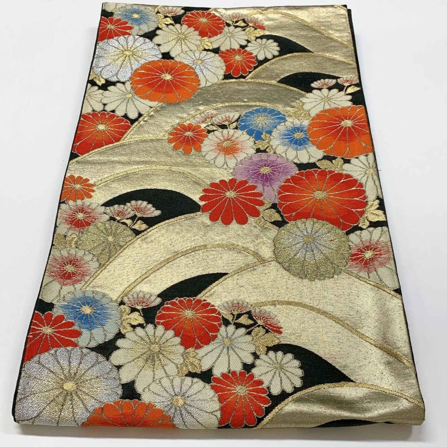 正絹　全通袋帯【霞文様】 6544］袋帯 菊青海波文様 刺繍 六通 金銀糸 正絹 着物 フォーマル 黒