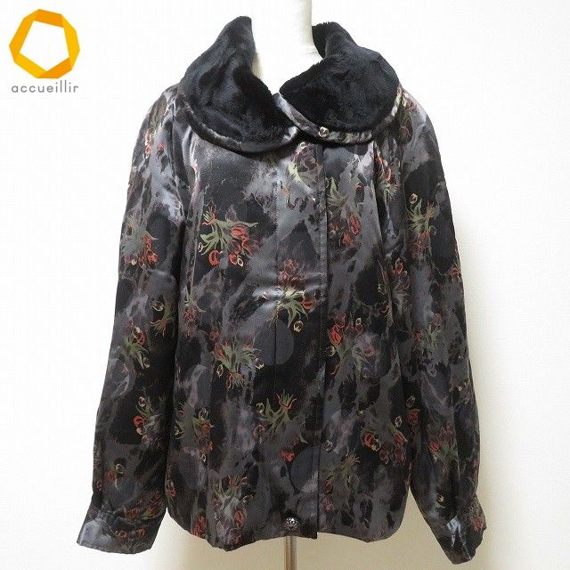 wnc インポートロッサ import Rossa ジャケット 46 グレー 黒 シルク 中綿 ボア 光沢 チューリップ 大きいサイズ レディース 985480