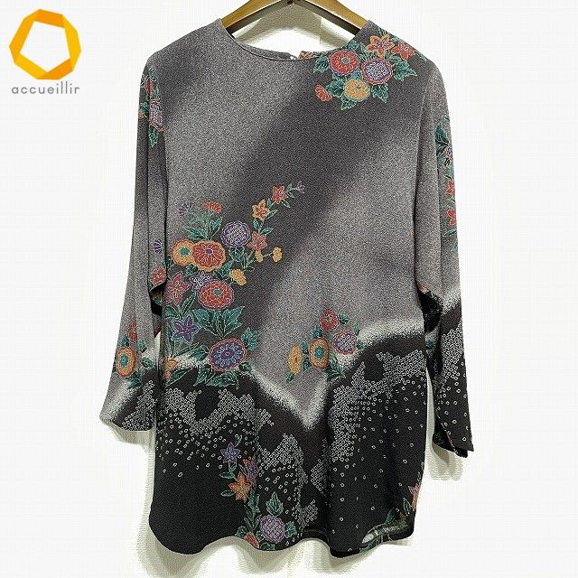 anc シセンドウ 詩仙堂 チュニック グレー 黒 ちりめん ドルマン 花柄 バックボタン レディース 967325