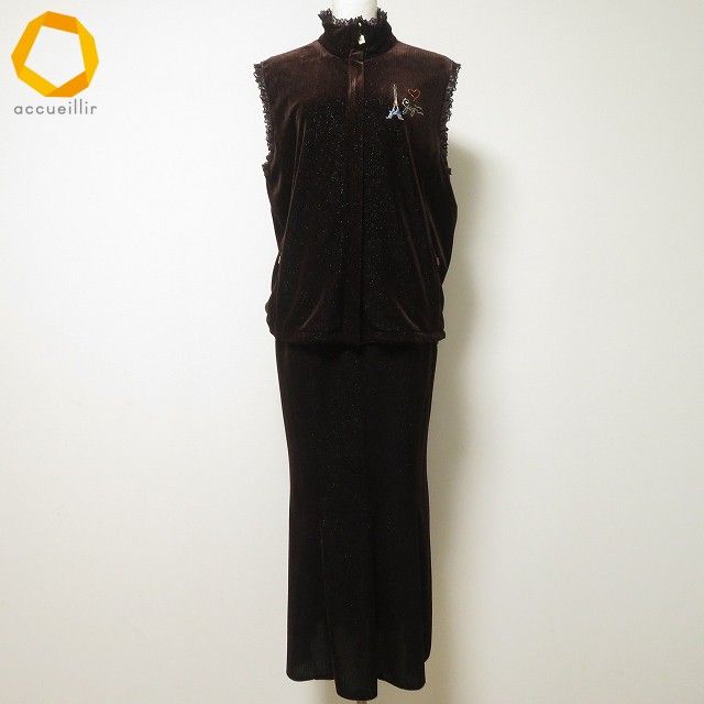 wnc イタリヤ 伊太利屋 セットアップ ツーピース ベスト 9 茶 ベロア調 ラメ ラインストーン レース エッフェル塔 レディース 982793