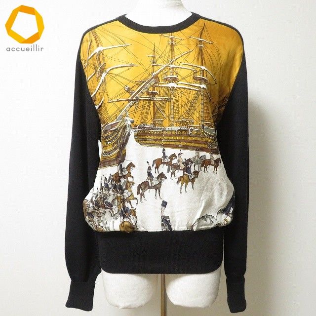 wxc エルメス HERMES ニット セーター 40 黒 黄色 シルク使い シルク混 異素材 船 セリエボタン ヴィンテージ レディース 983724