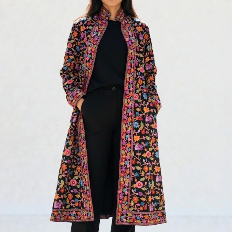 コート メリノウール カシミール刺繍 手刺繡 花柄 インド製 一点物