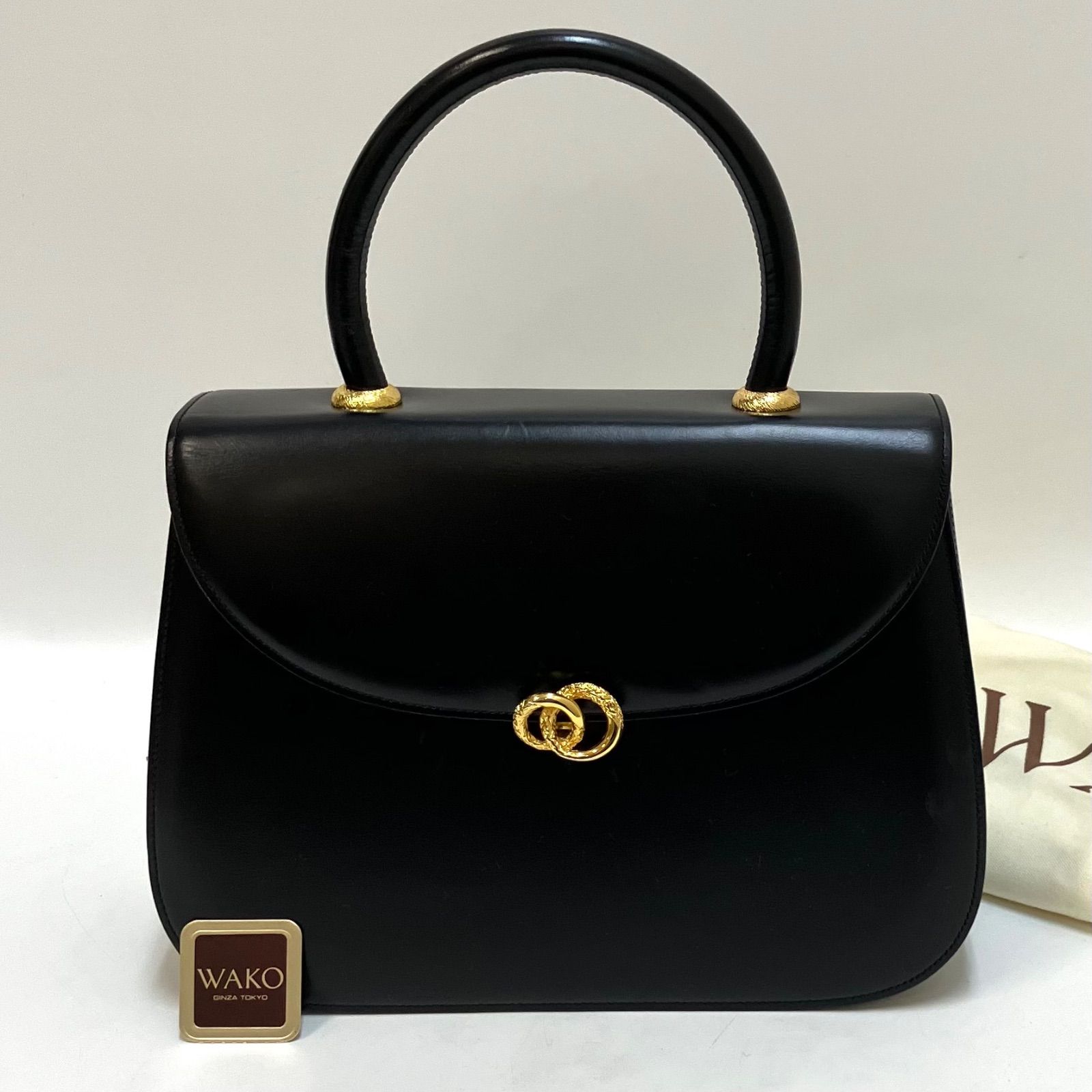 WAKO 銀座和光＊カーフレザー ブラック ゴールド金具 トップハンドル